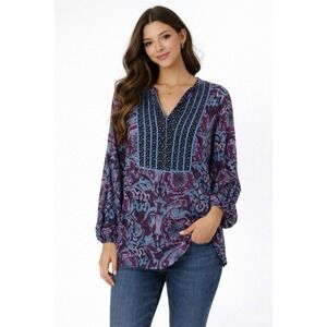 Soft Surroundings 100% Silk Boho Blouse M Purple Blue Floral Tunic Top